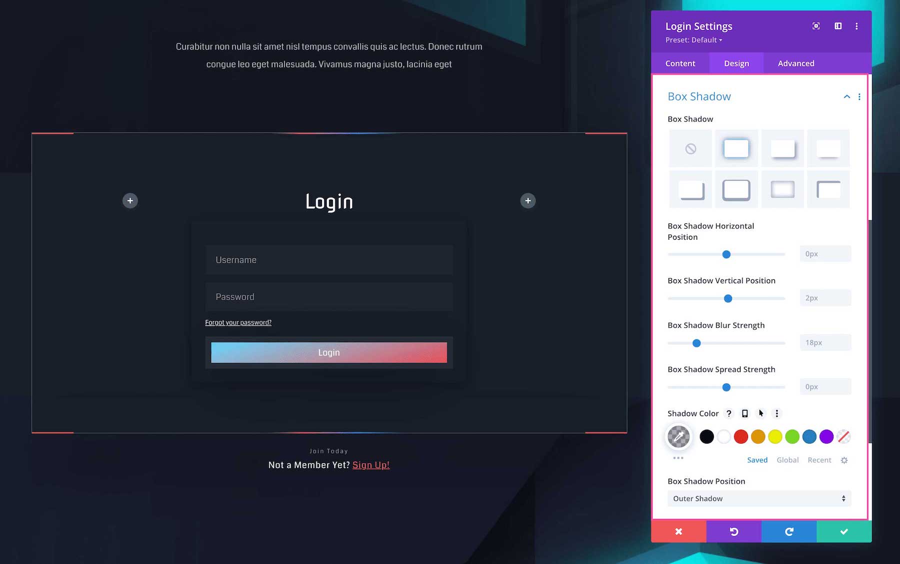 Divi Login Module box shadow settings