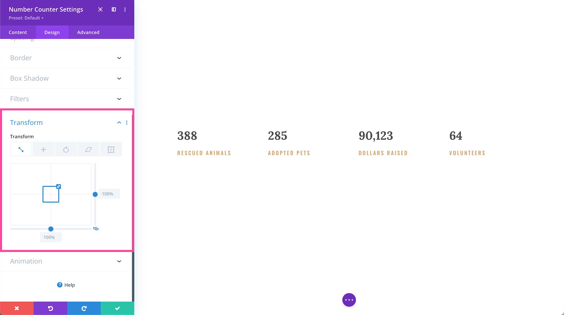 Divi Number Counter Module transform