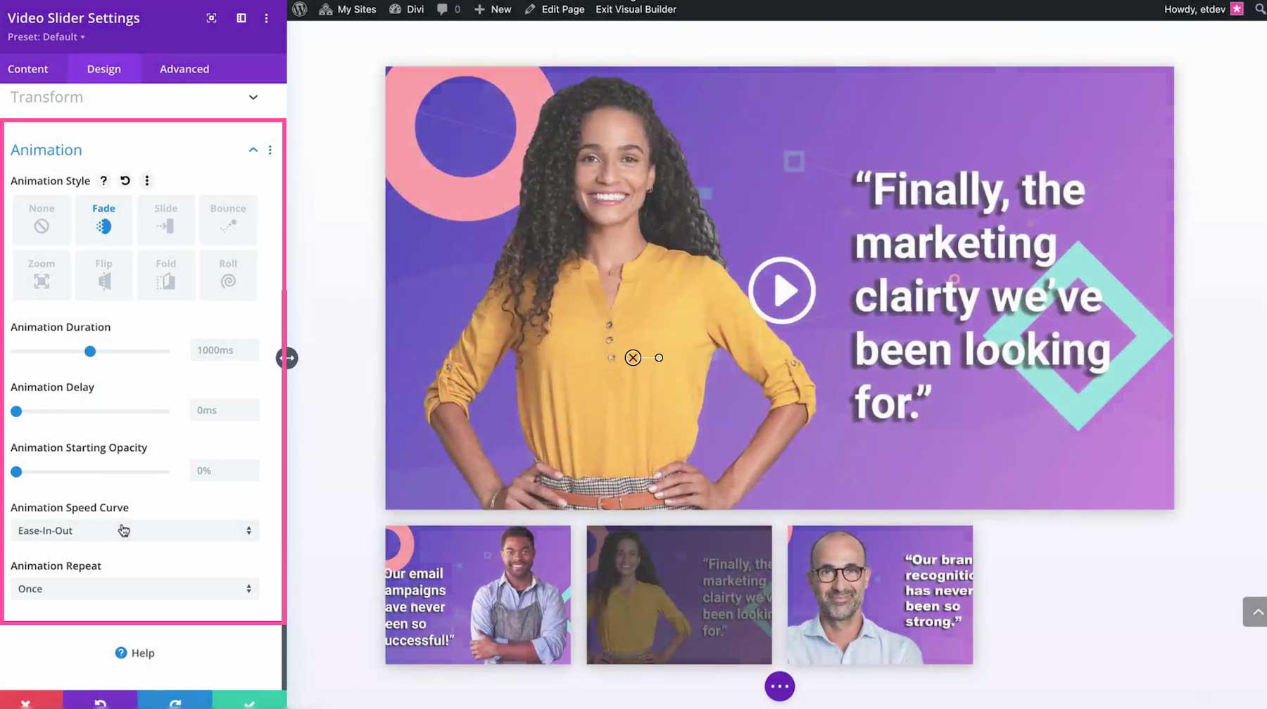 Divi Video Slider animation