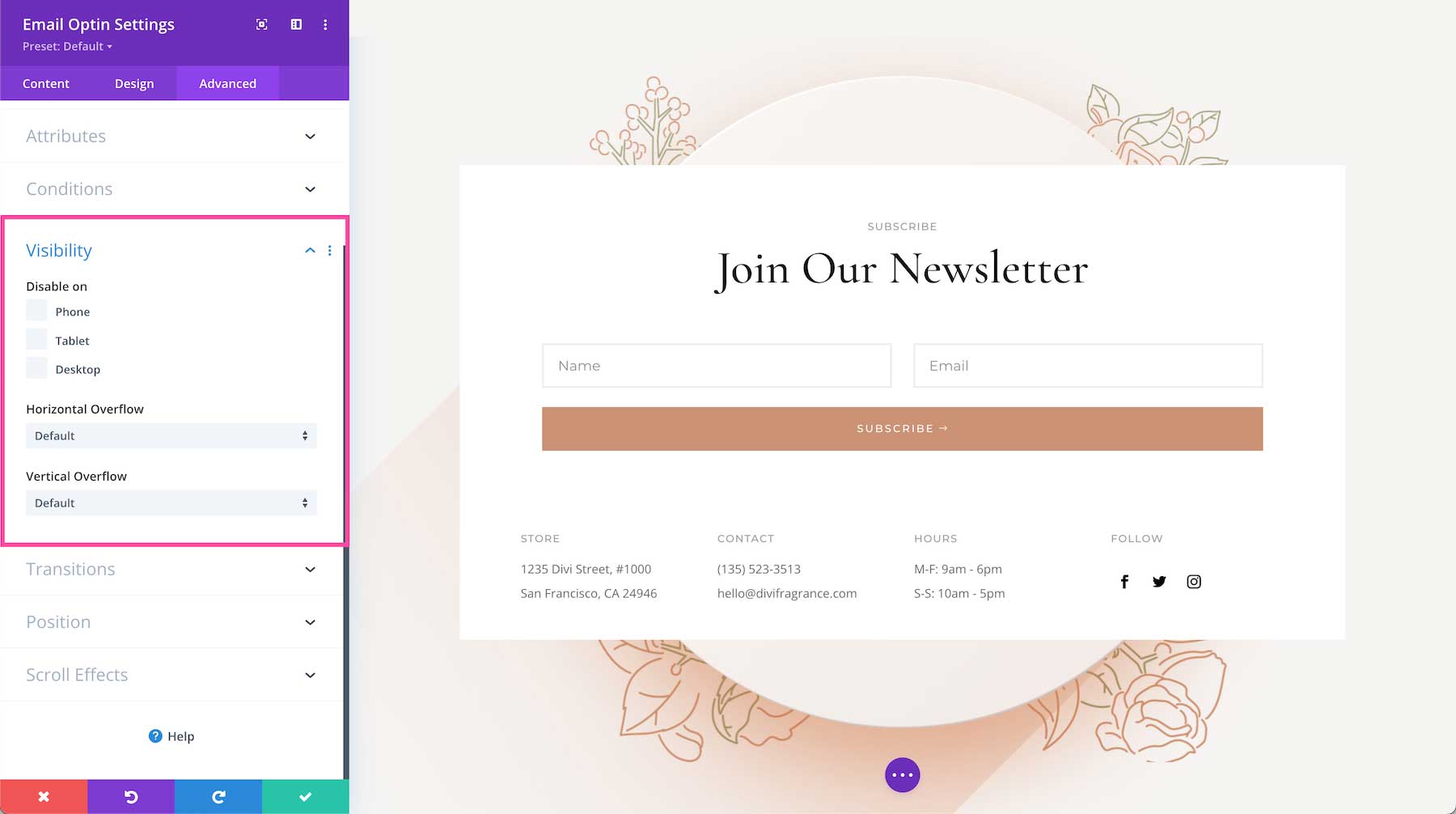 Divi Email Optin Module visibility