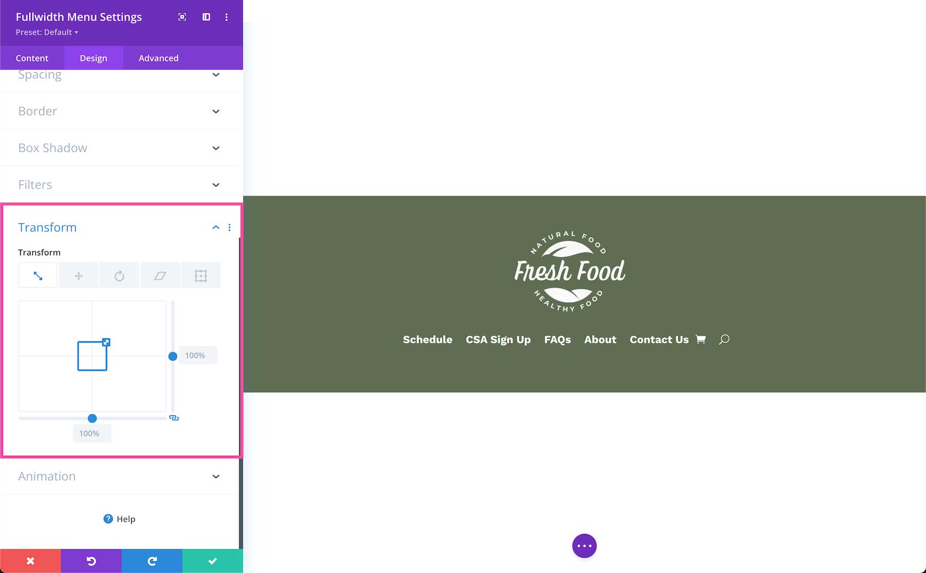 Divi Fullwidth Menu Module transform options