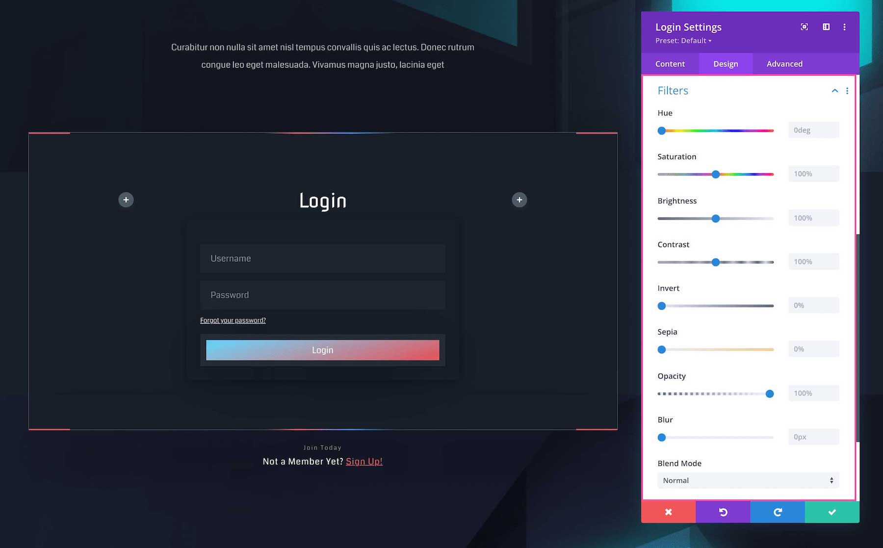 Divi Login Module filter settings