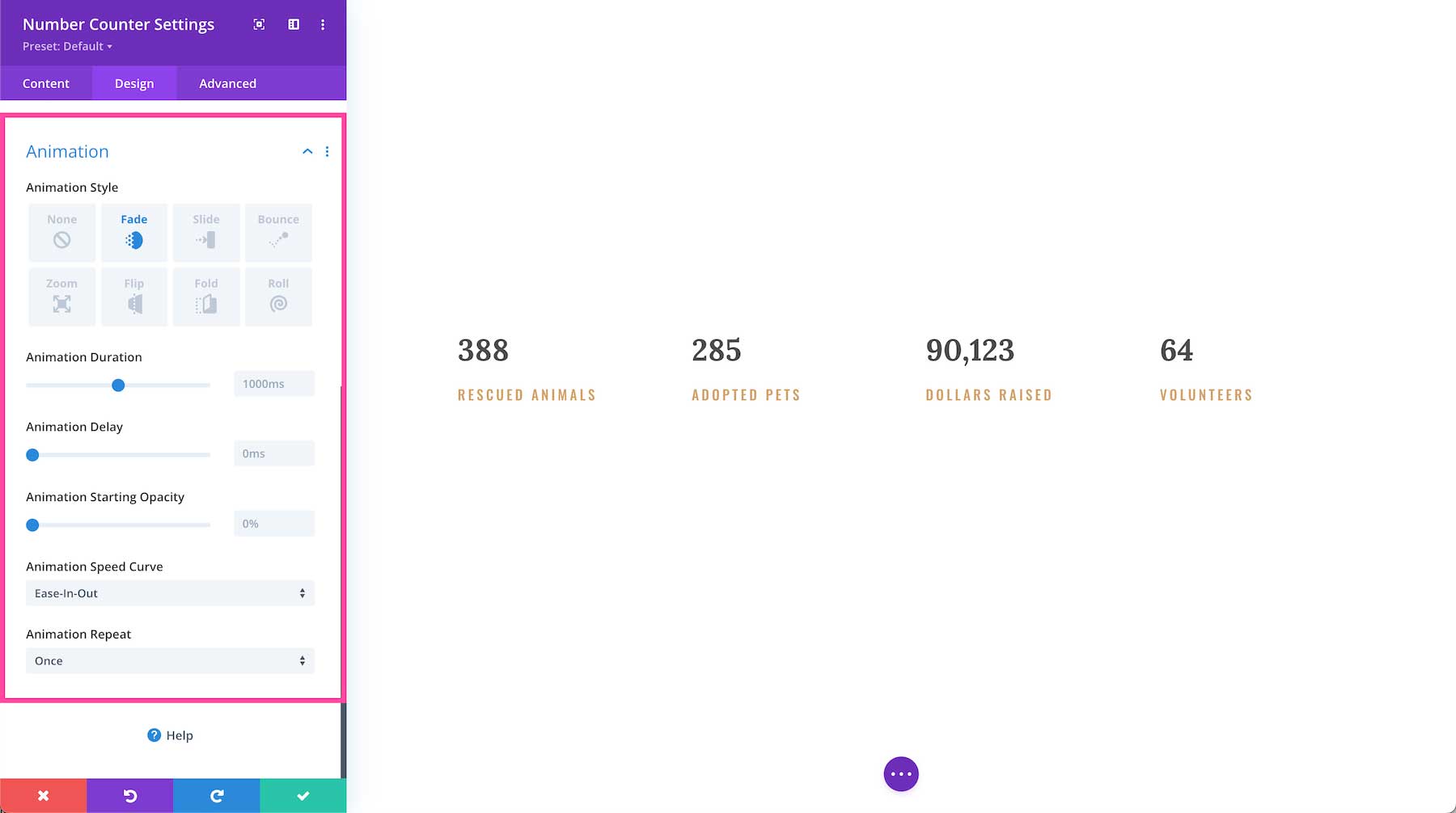 Divi Number Counter Module animation