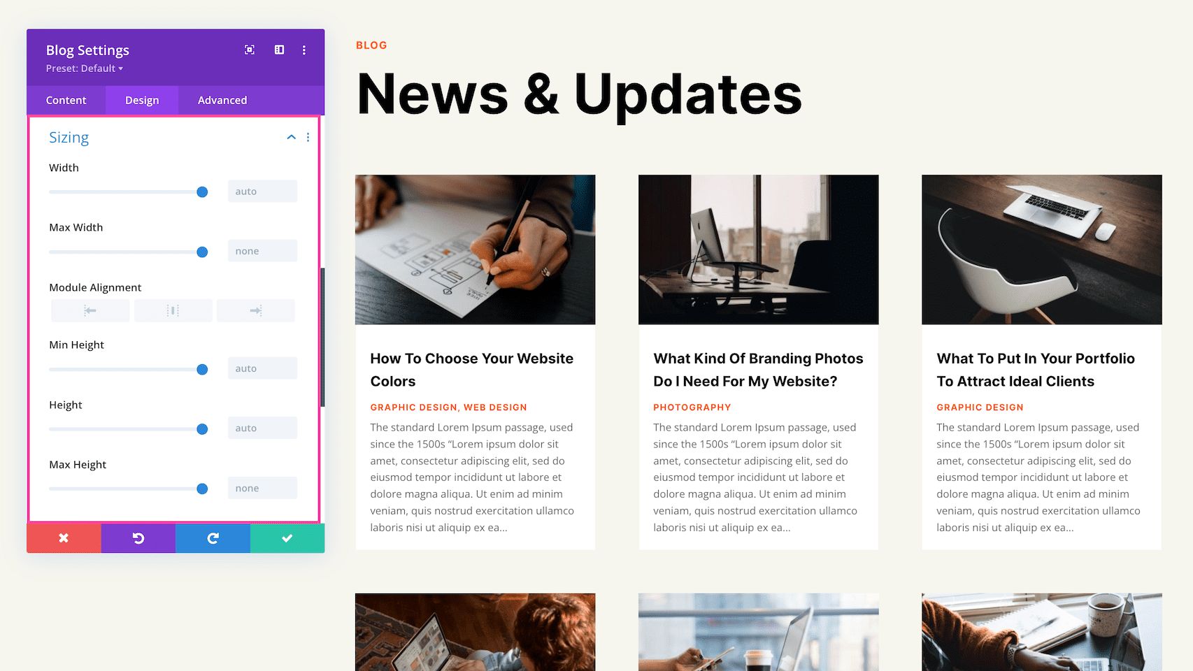Divi Blog Module Sizing Design Options