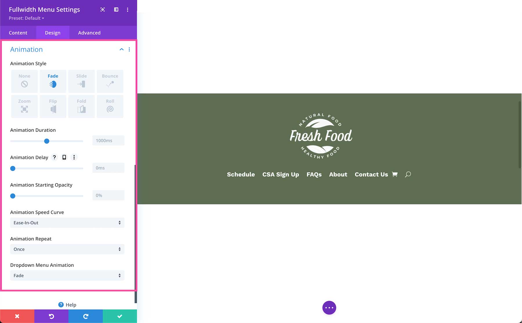 Divi Fullwidth Menu Module animation options