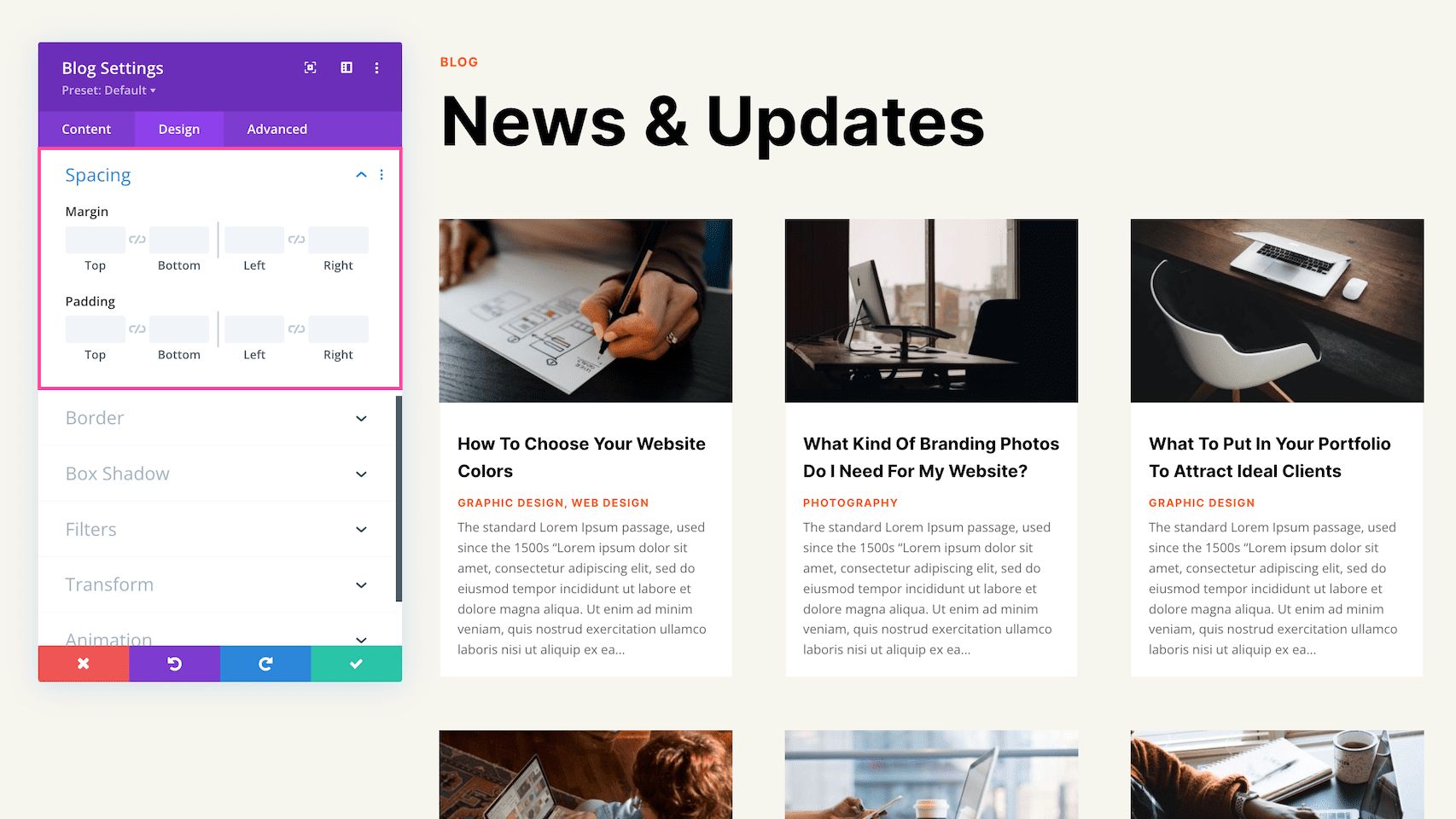 Divi Blog Module Spacing Desing Options