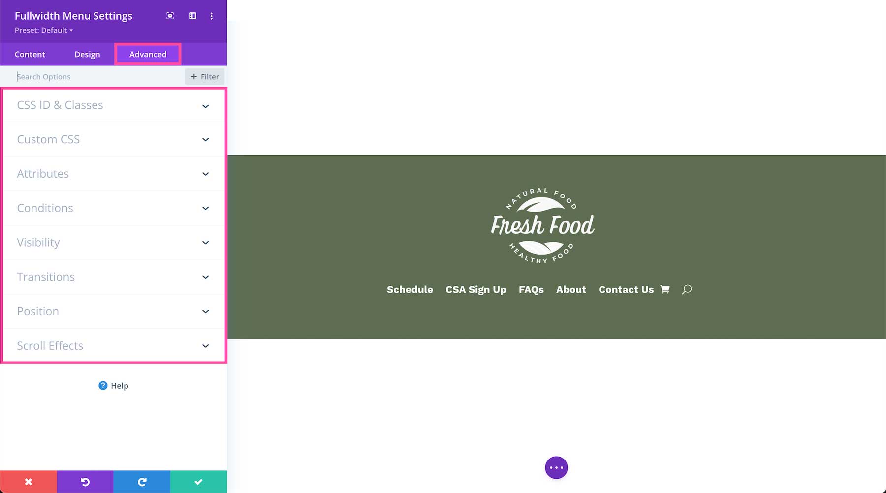 Divi Fullwidth Menu Module advanced settings
