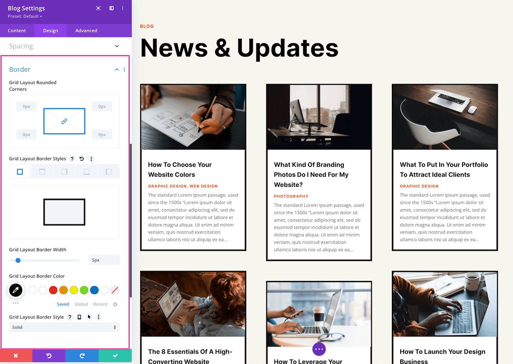 Divi Blog Module Border Design Options