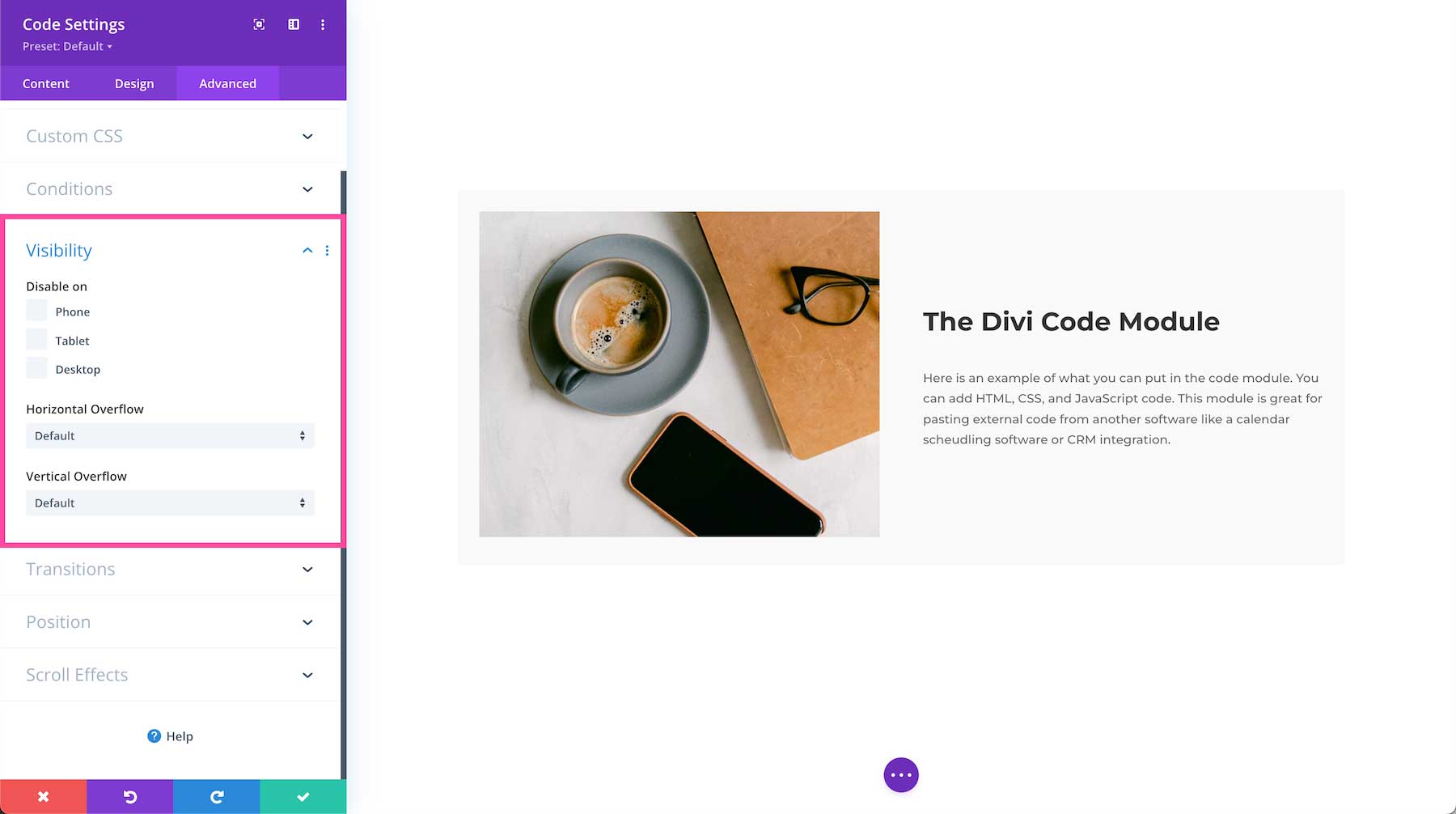 Divi Code Module visibility