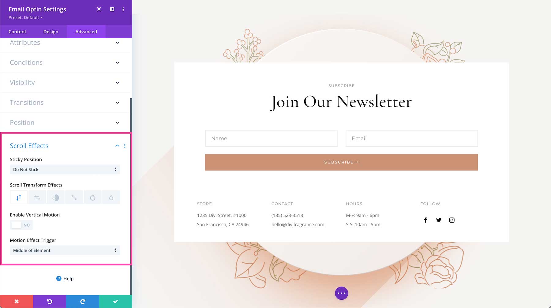 Divi Email Optin Module scroll effects