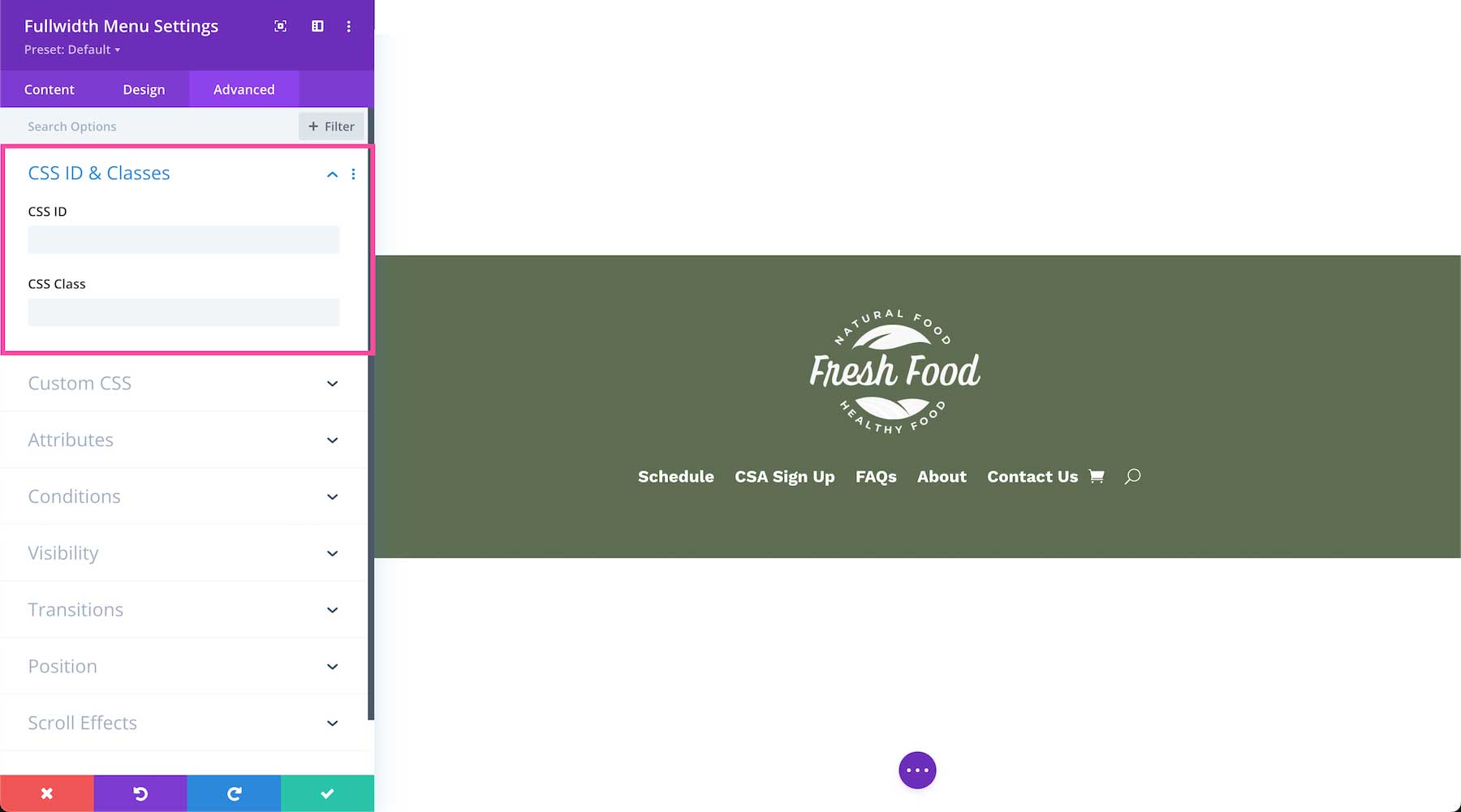 Divi Fullwidth Menu Module css ID and classes