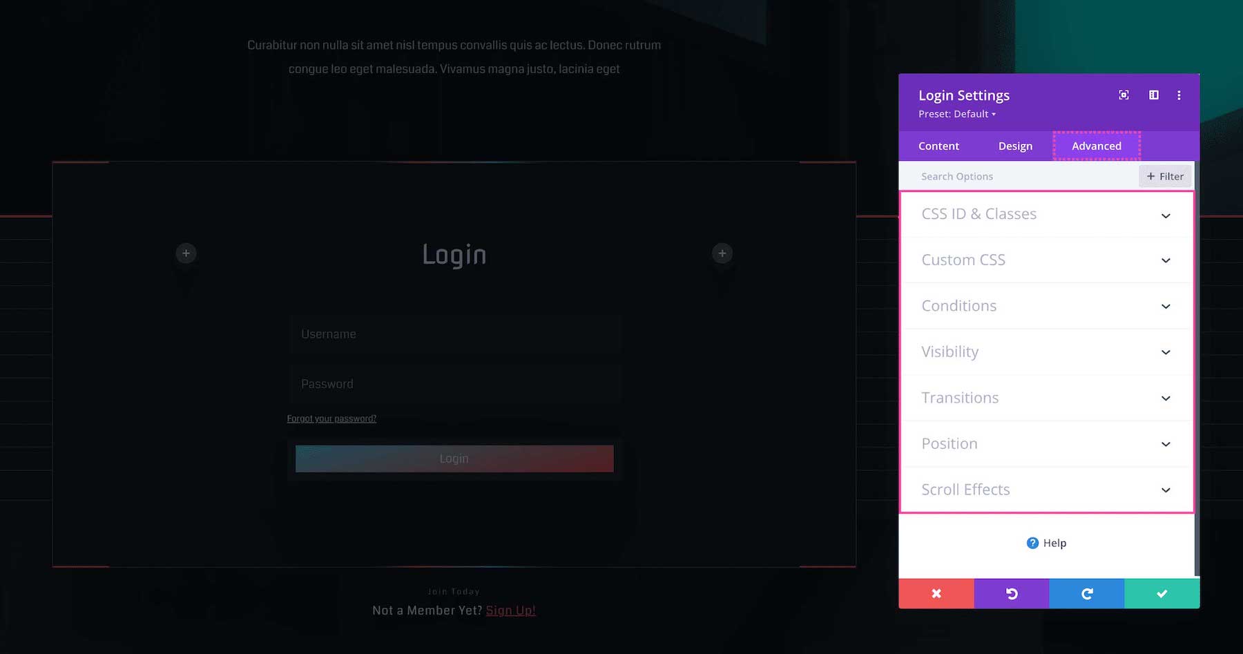 Divi Login Module advanced settings