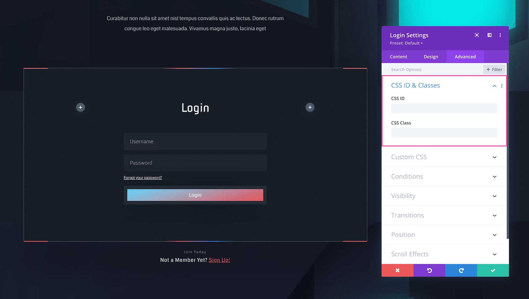 Divi Login Module CSS ID and Classes