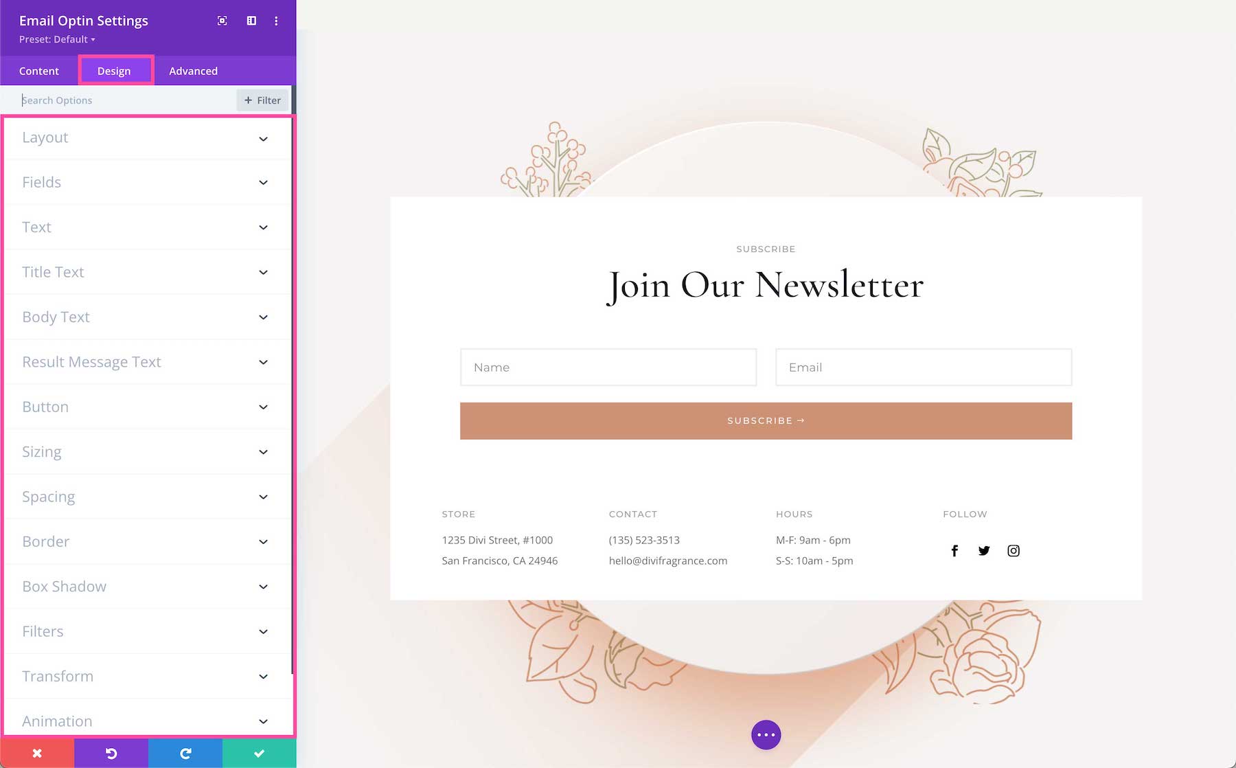 Divi Email Optin Module design settings