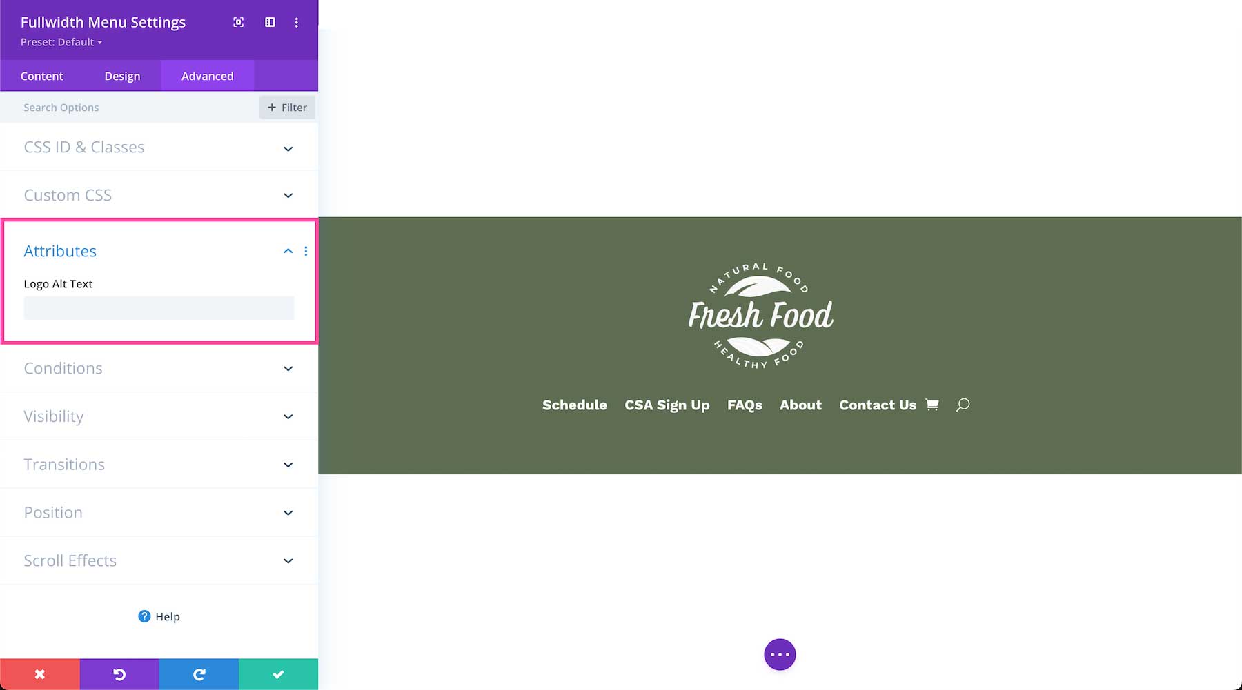 Divi Fullwidth Menu Module attributes options