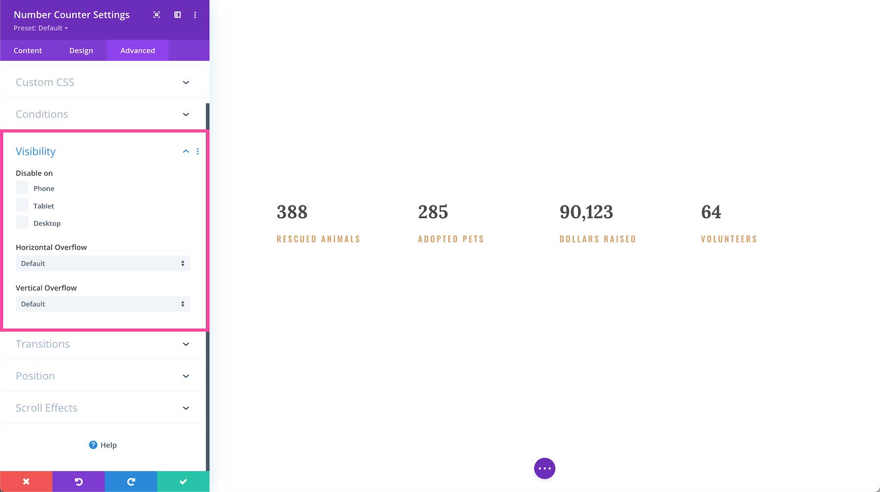 Divi Number Counter Module visibility