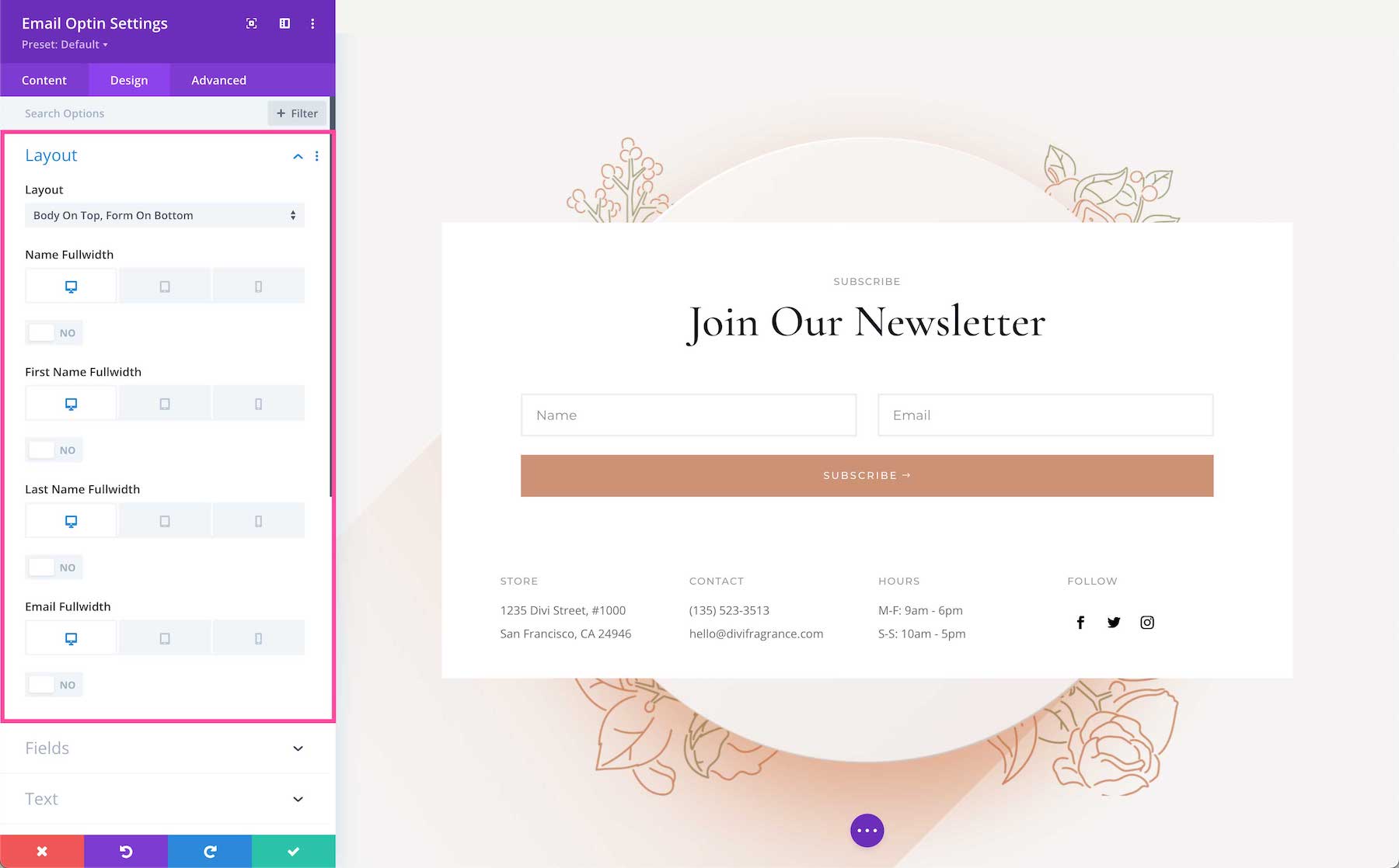 Divi Email Optin Module layout