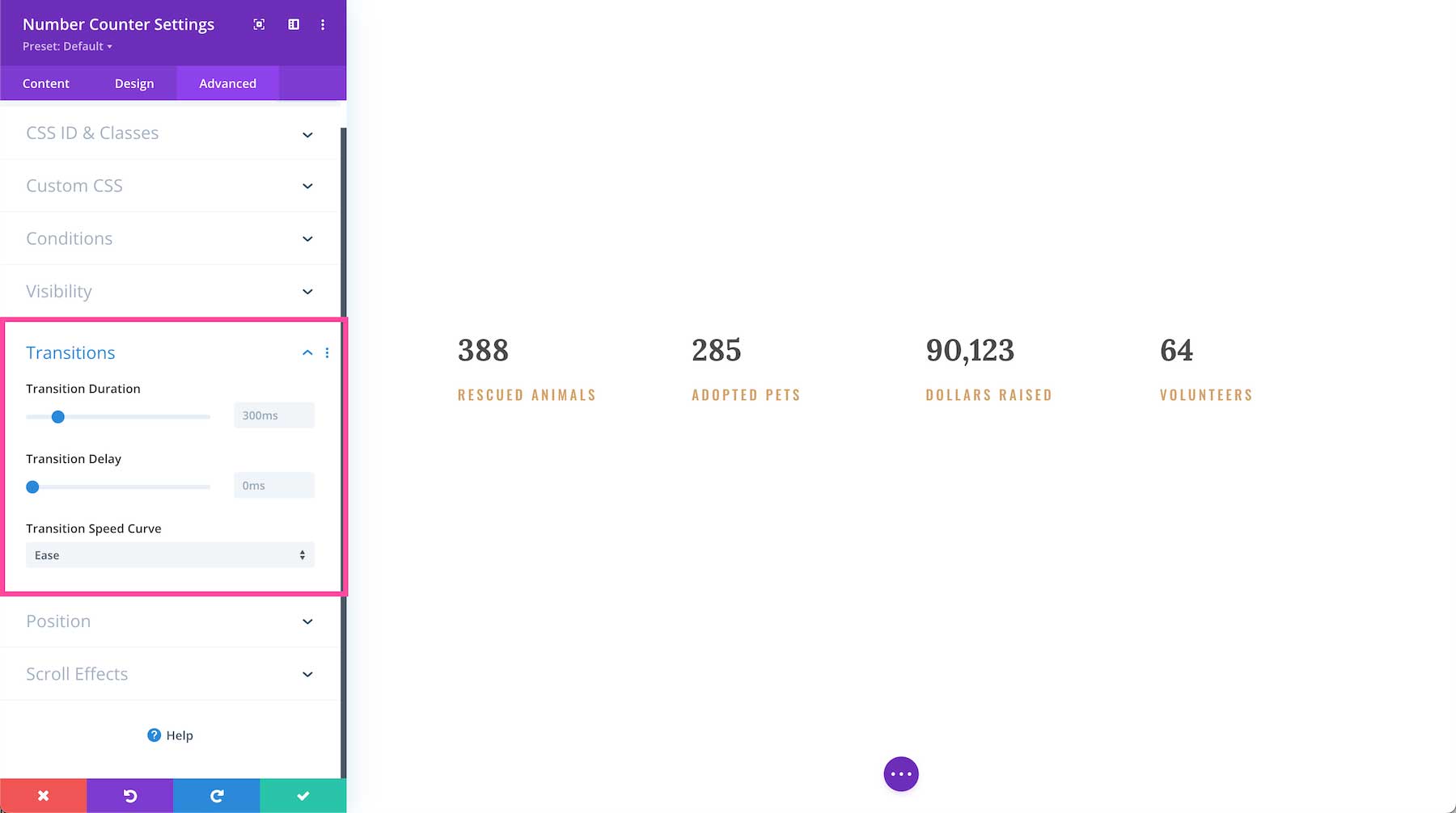 Divi Number Counter Module transitions