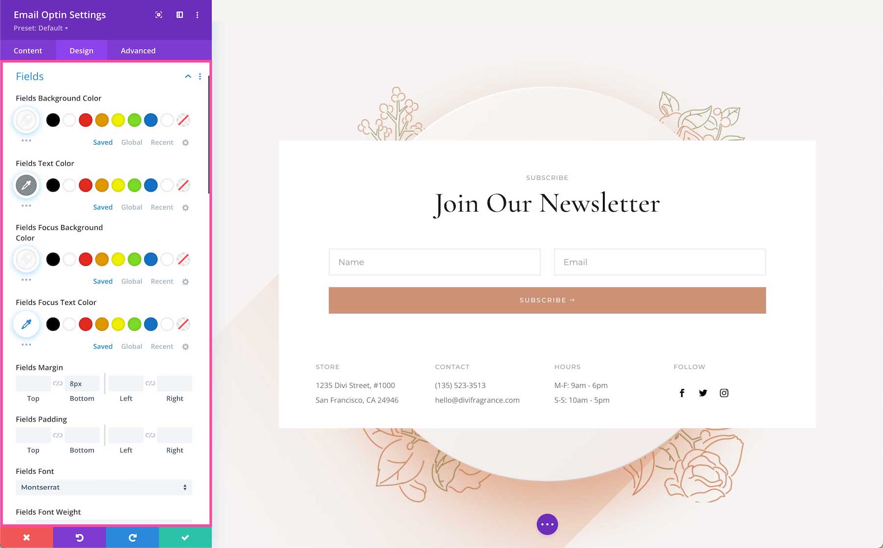 Divi Email Optin Module fields