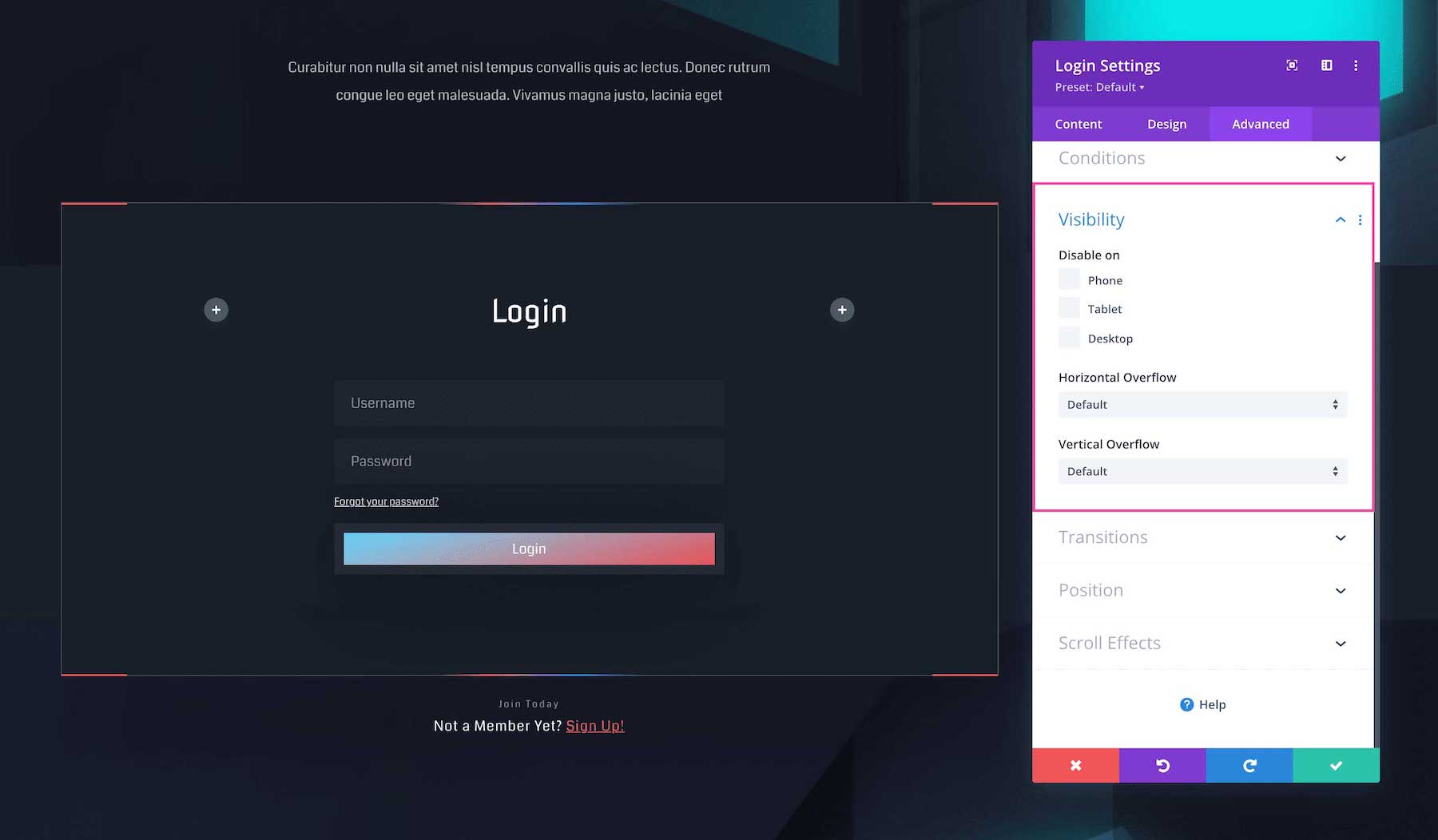 Divi Login Module visibility settings