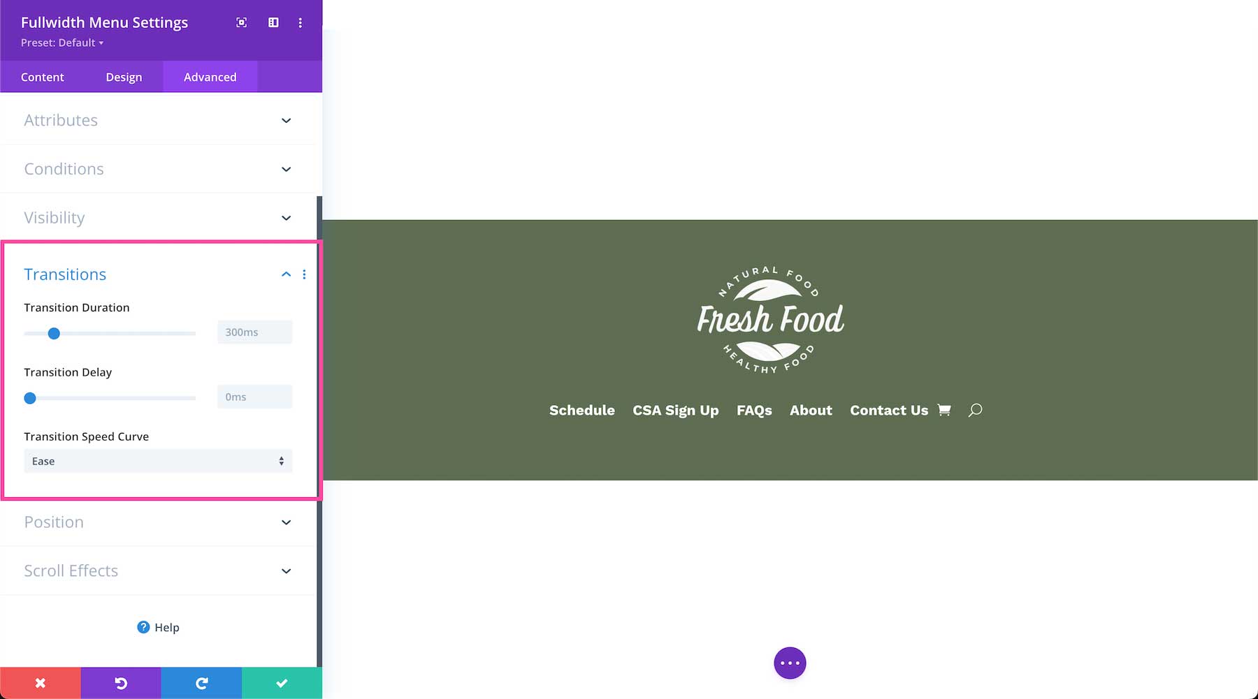 Divi Fullwidth Menu Module transition options