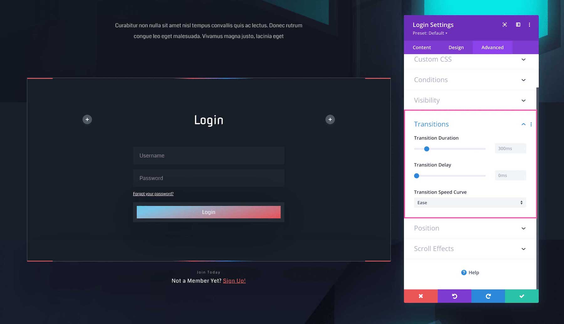 Divi Login Module transitions settings