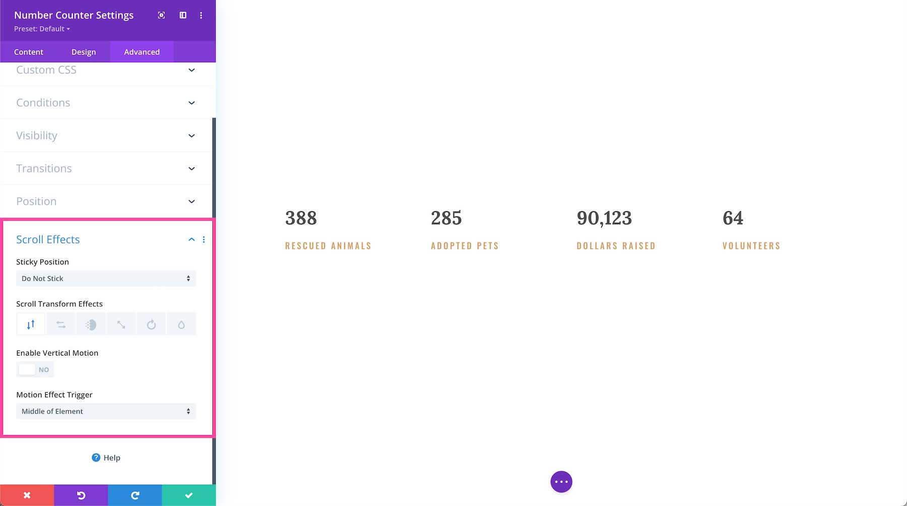 Divi Number Counter Module scroll effects