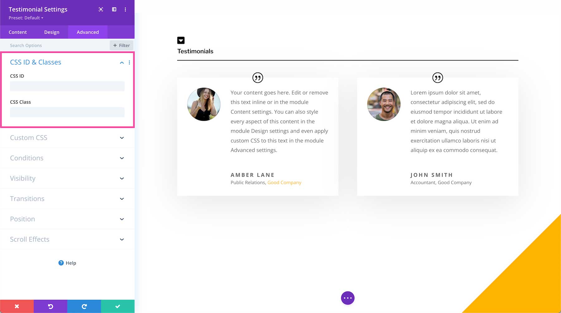Divi Testimonial Module css ID and classes