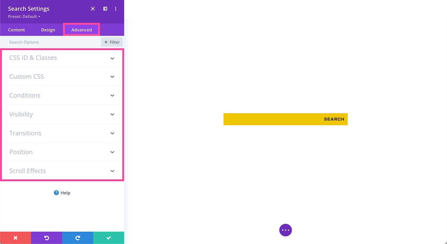 Divi Search Module advanced settings