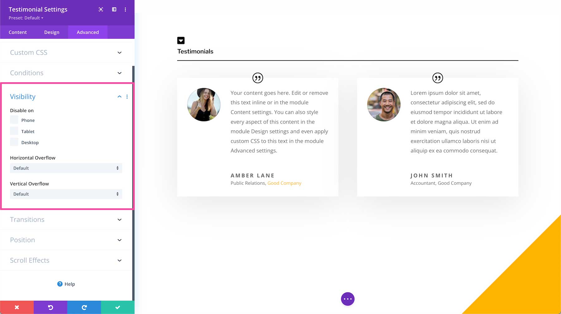 Divi Testimonial Module visibility options