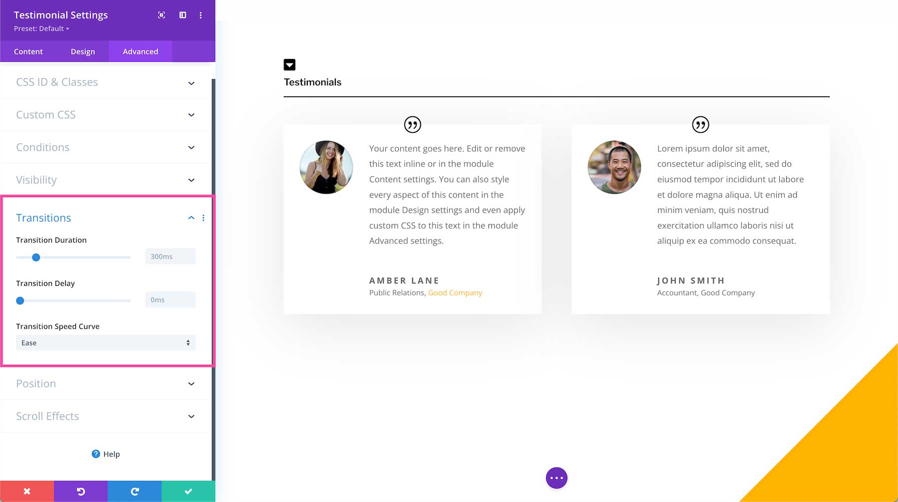 Divi Testimonial Module transitions