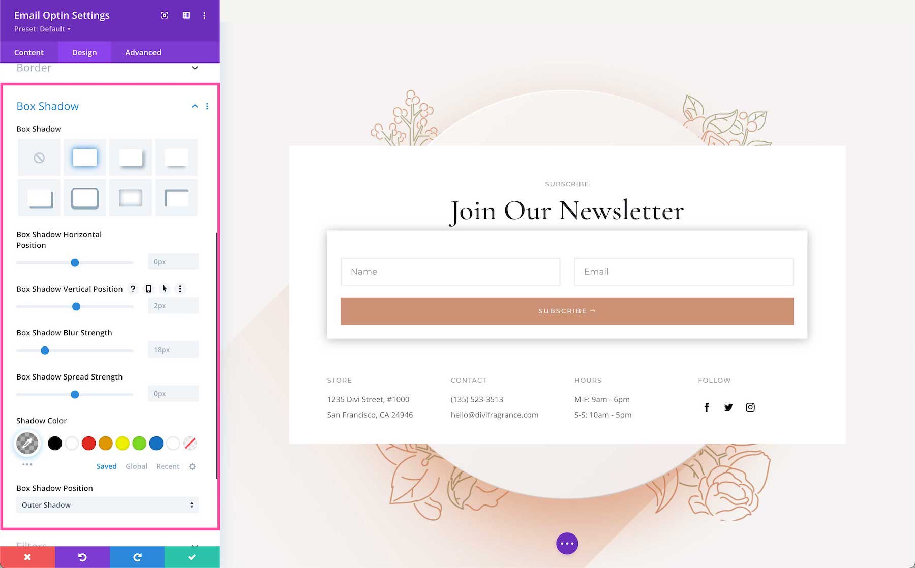 Divi Email Optin Module box shadow