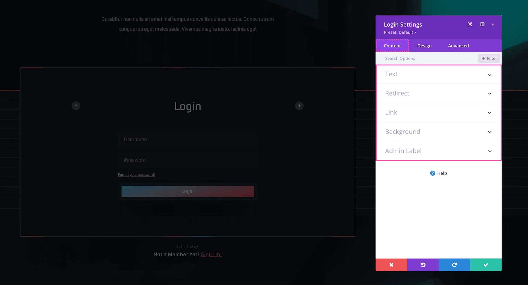 Divi Login Module content settings