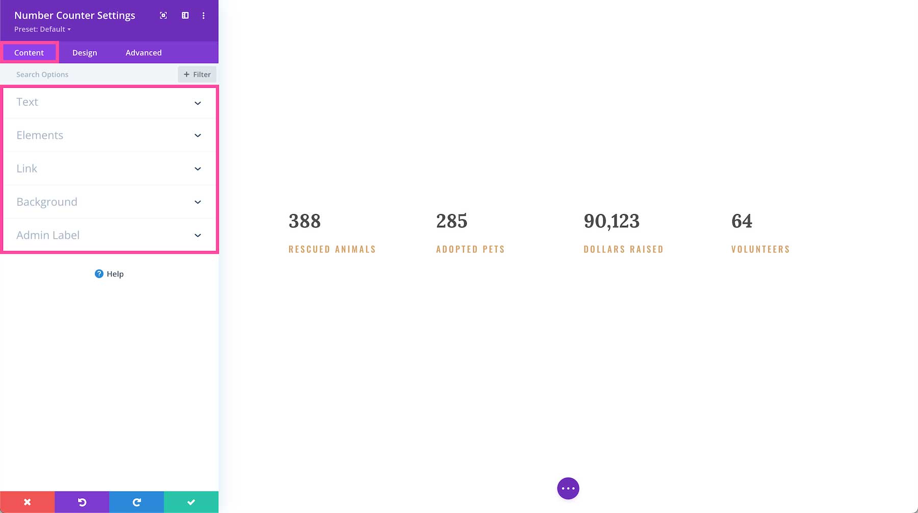 Divi Number Counter Module content settings