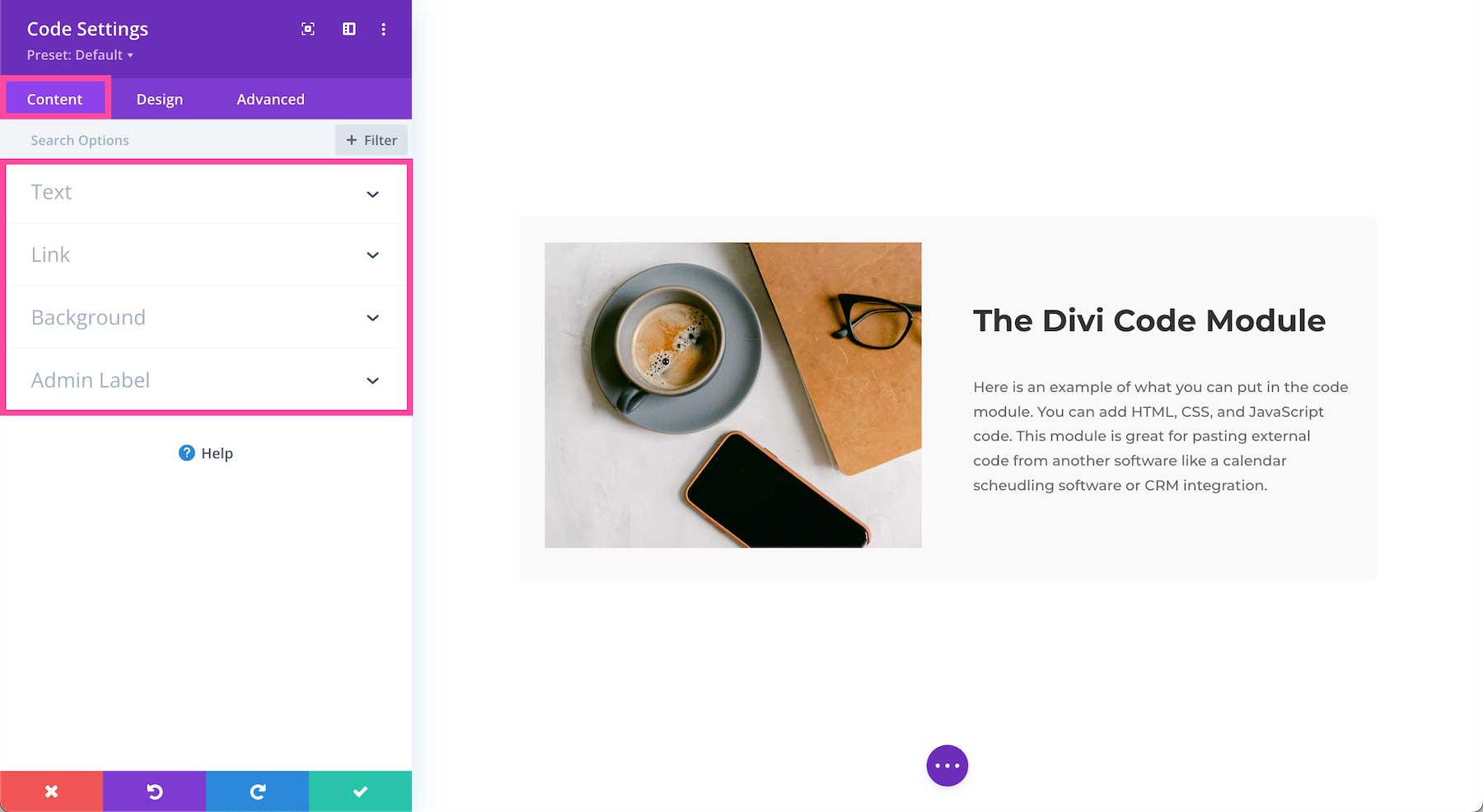 Divi Code Module content settings