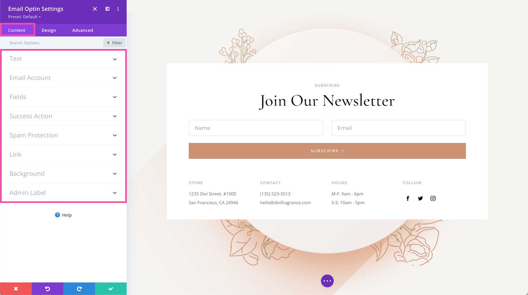 Divi Email Optin Module content settings