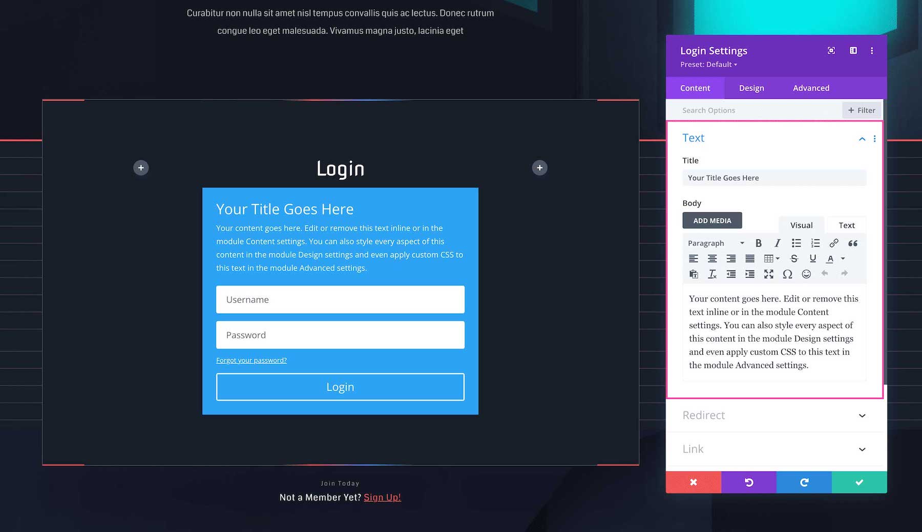 Divi Login Module text settings