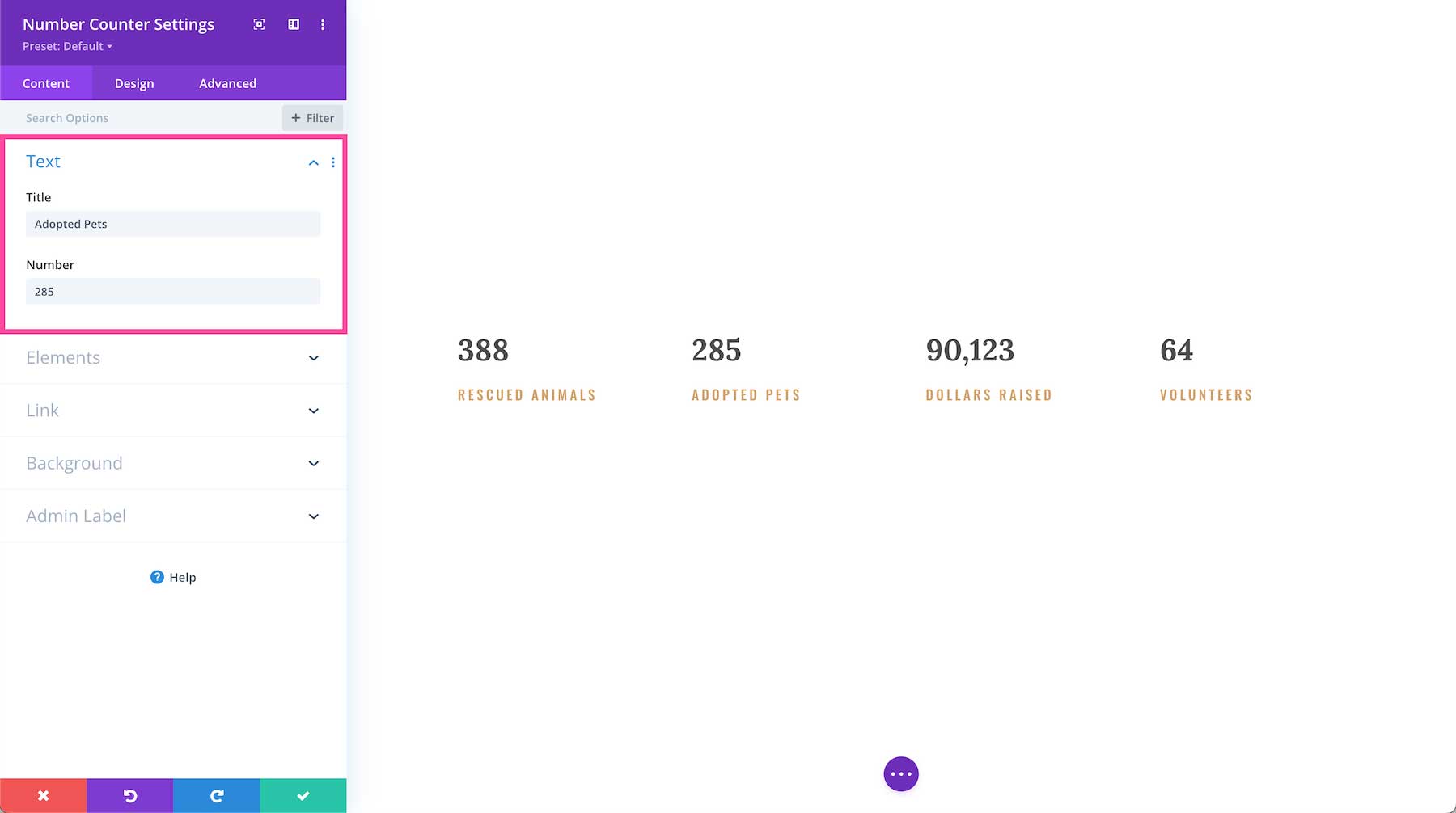 Divi Number Counter Module text settings