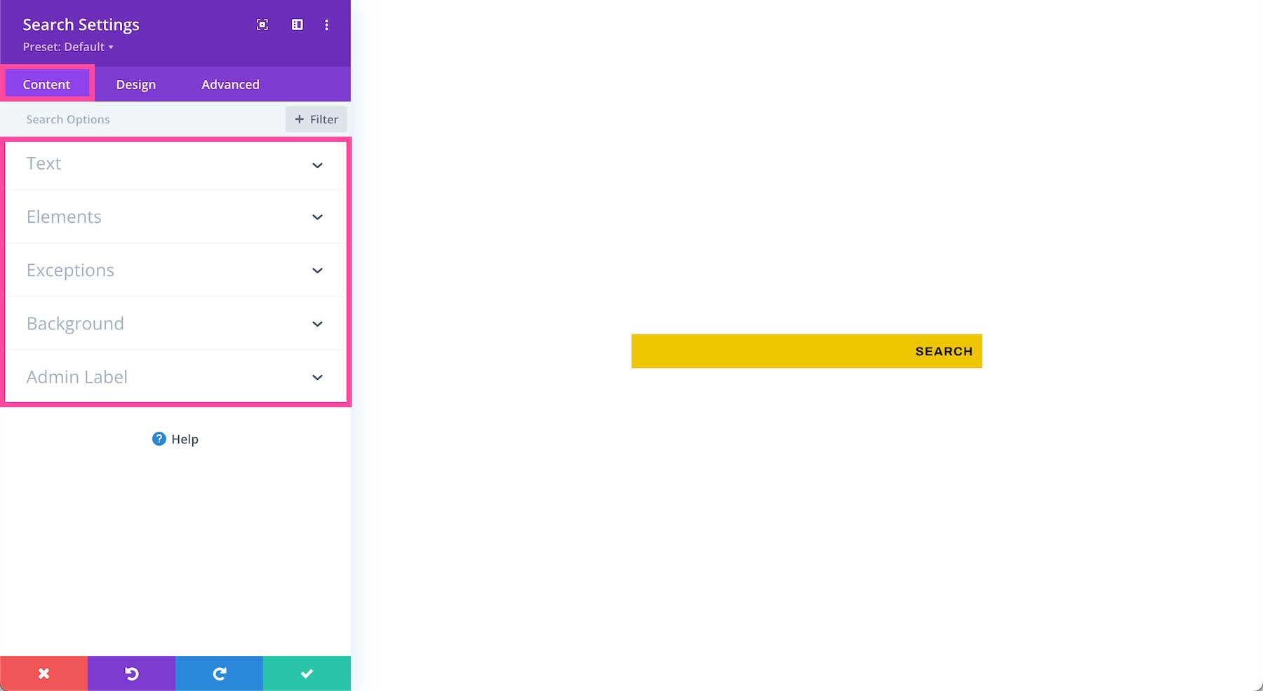 Divi Search Module content settings