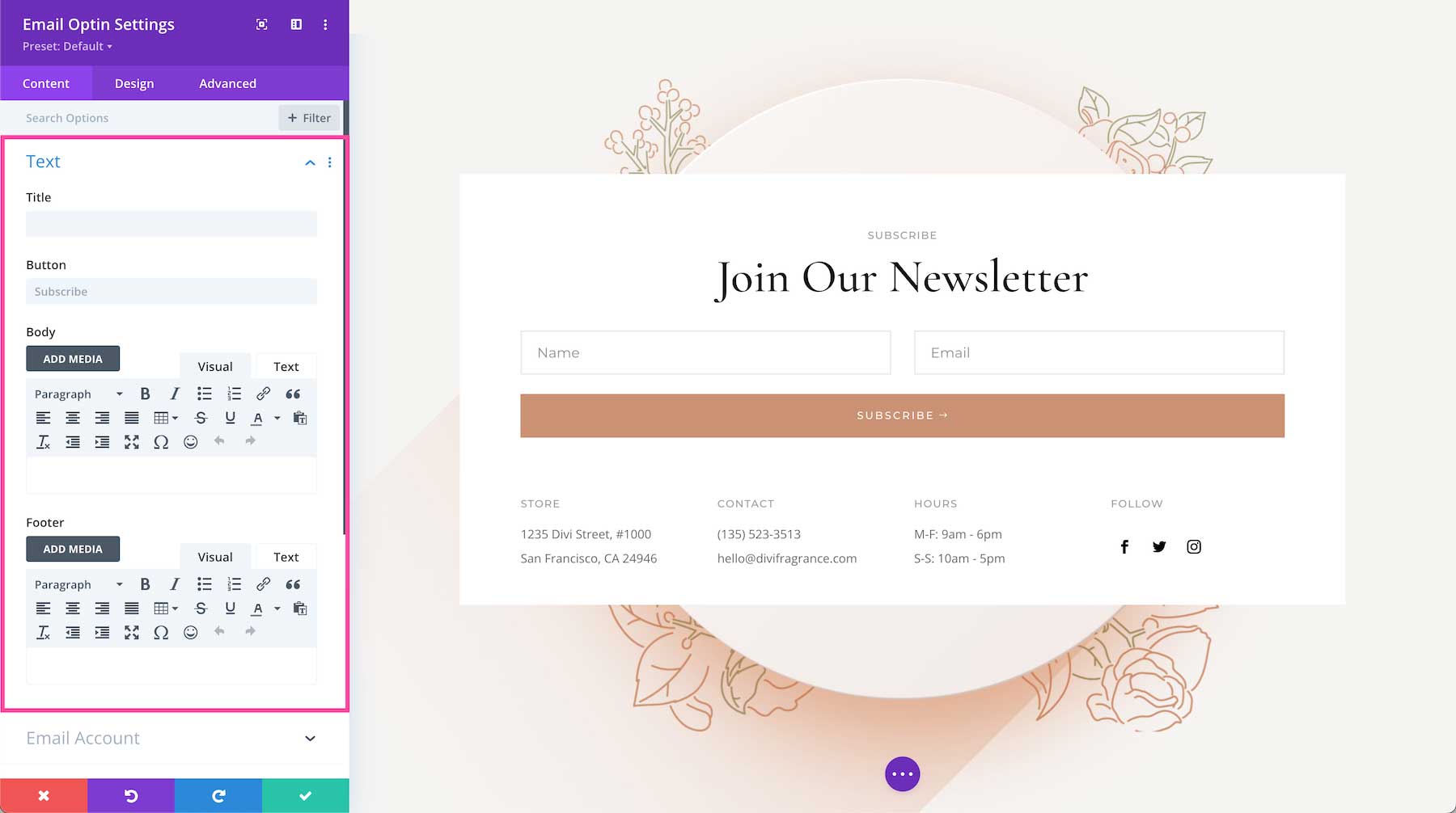 Divi Email Optin Module text settings