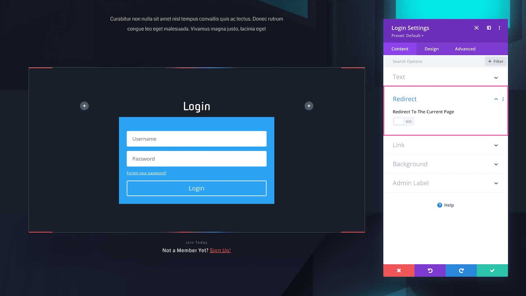 Divi Login Module redirect settings