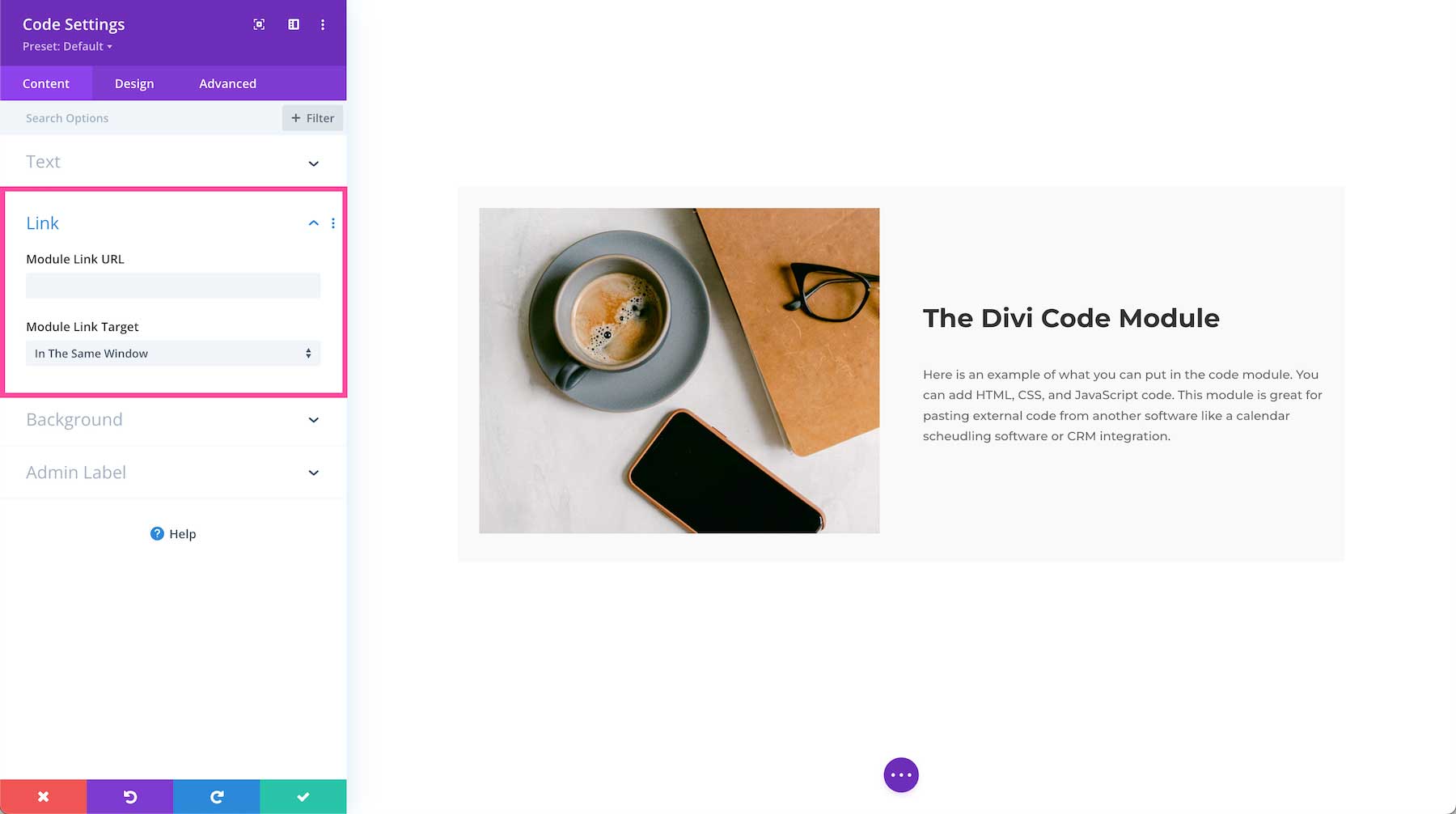 Divi Code Module Link settings