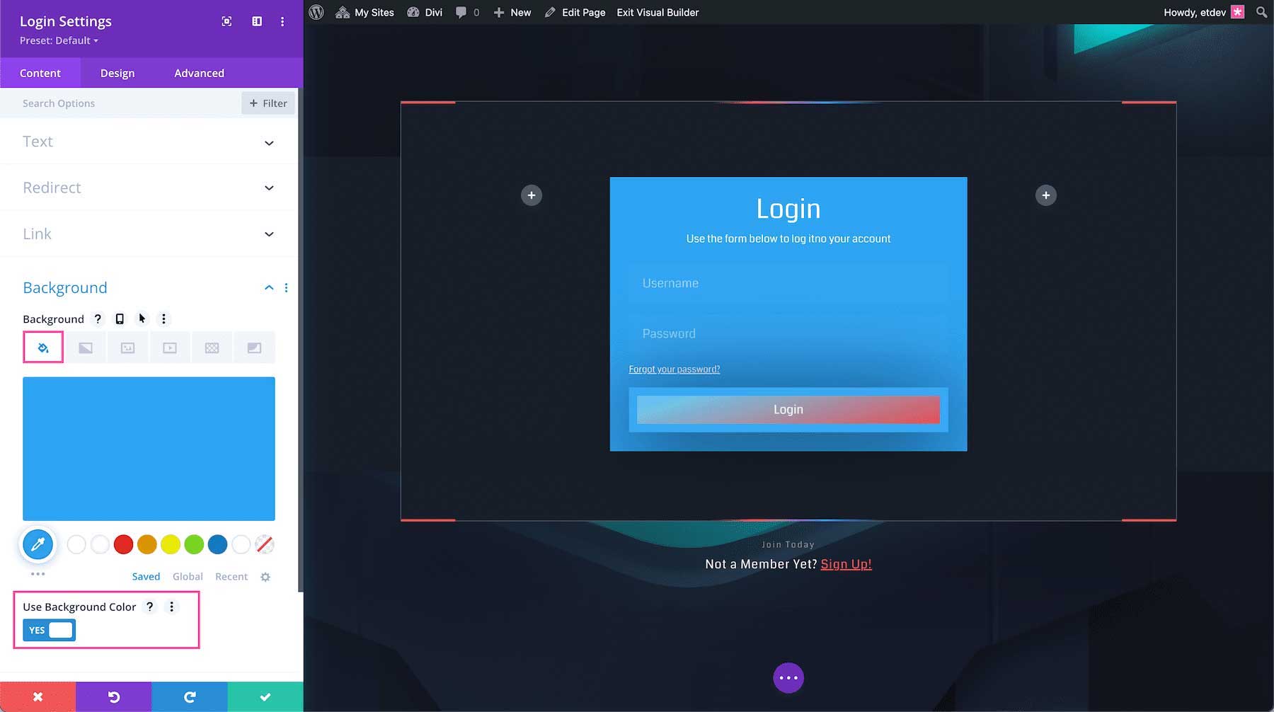 How to add a background color to the Divi Login Module