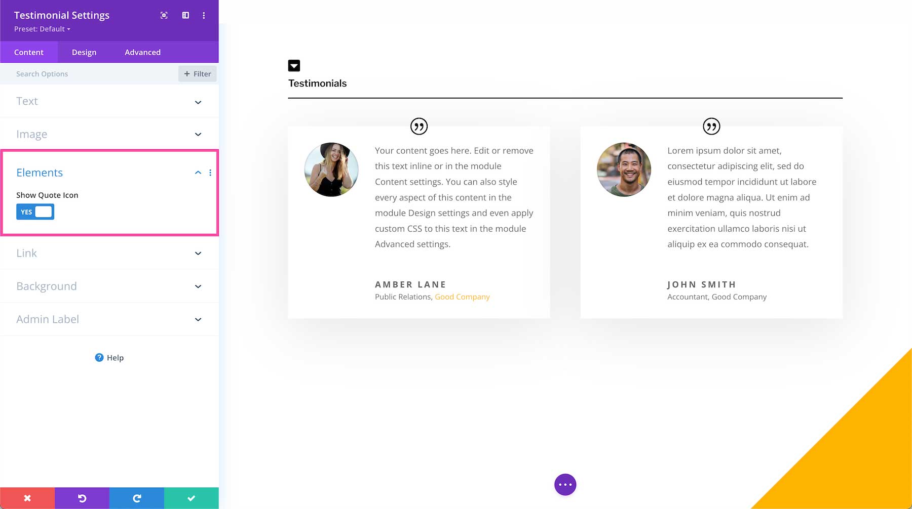 Divi Testimonial Module element settings