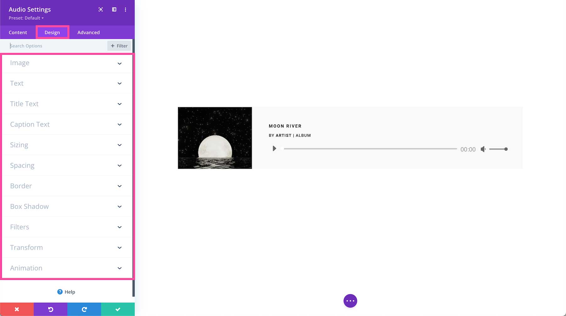 Divi Audio Module design settings