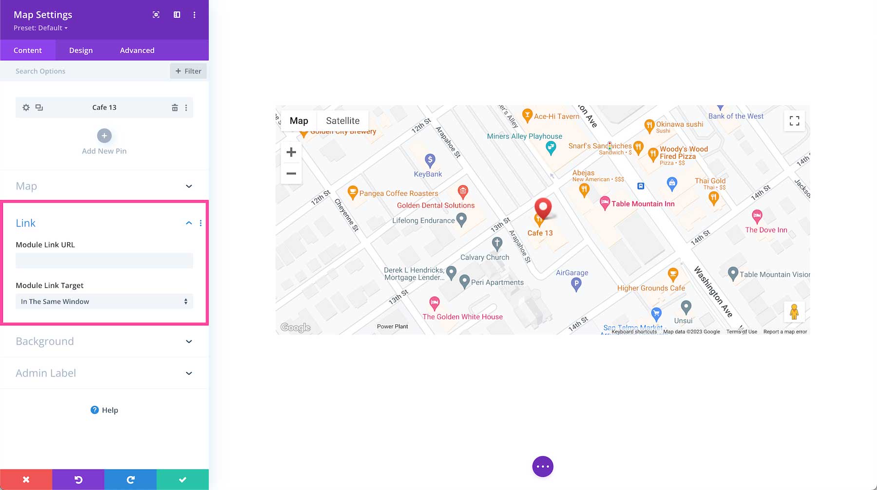 Divi Map Module link settings