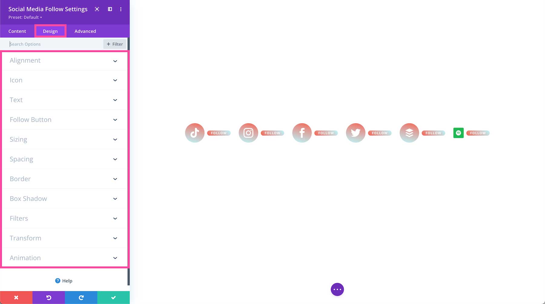 Divi Social Media Module design settings