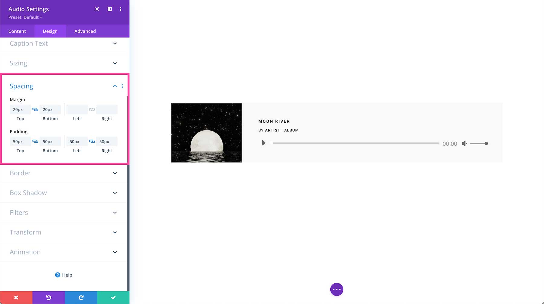 Divi Audio Module spacing options