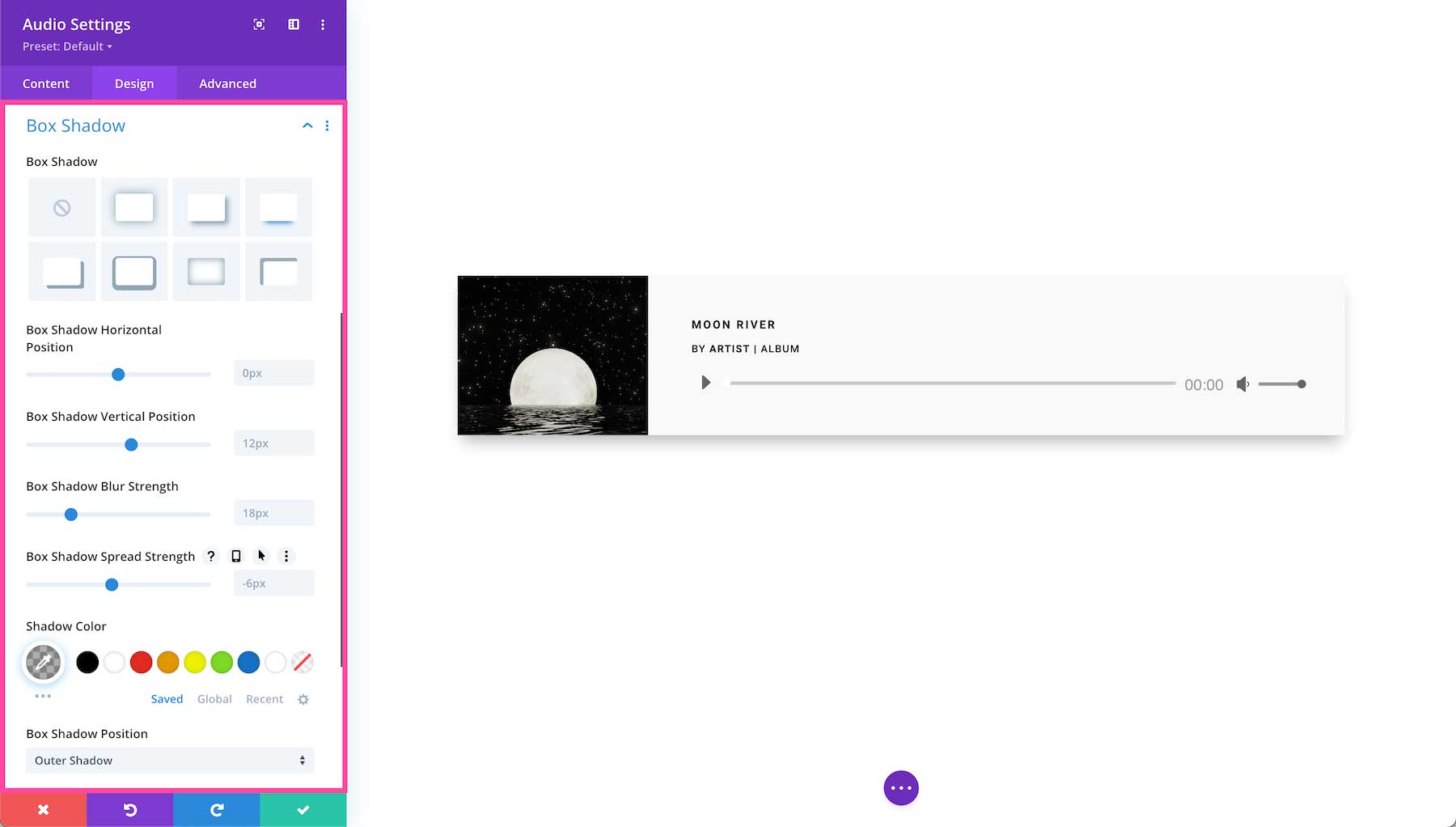 Divi Audio Module box shadow