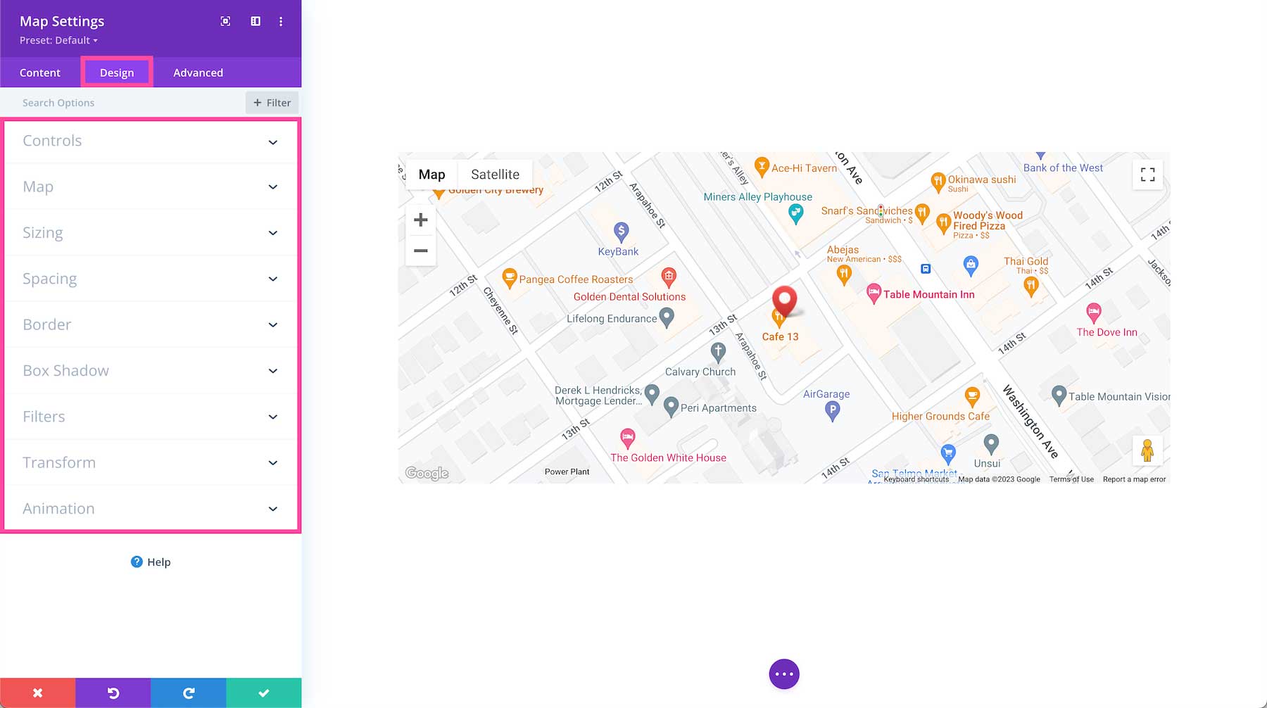 Divi Map Module Design Settings